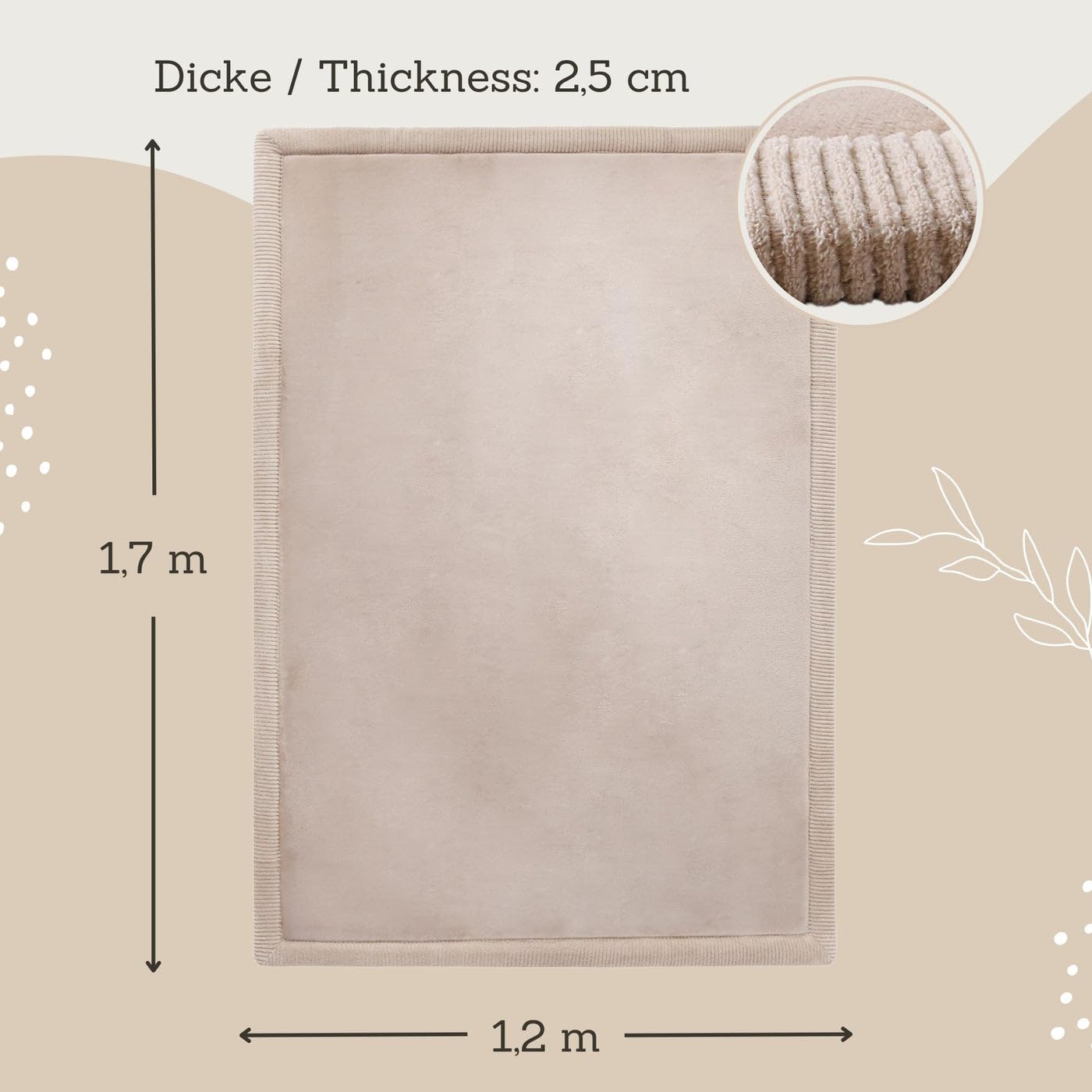 Wolkenweiche Spielmatte Baby 170x120x2,5cm, beige – Kinderzimmer Teppich mit hochwertigem Memory-Schaum
