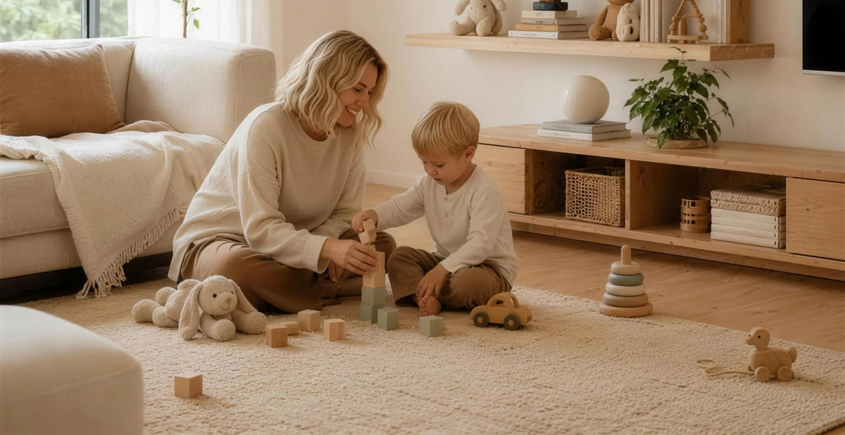 Mutter und Kind spielen auf einem weichen Hakuna Matte Teppich im Wohnzimmer
